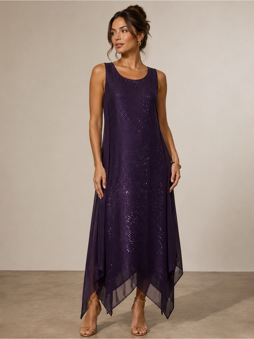 Byer California Purple Sleeveless Handkerchief-Hem Sequin Dress